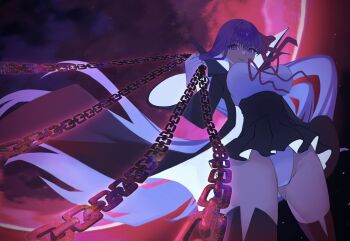 Rule 34 | 13addendum, 1girl, bb (fate), bb (fate/extra), black coat, black skirt, black thighhighs, breasts, chain, coat, collared leotard, commentary, fate/grand order, fate (series), gloves, hair ribbon, high-waist skirt, highleg, highleg leotard, highres, large breasts, leotard, long hair, long sleeves, looking at viewer, moon, neck ribbon, open clothes, open coat, popped collar, purple eyes, purple hair, red ribbon, ribbon, skirt, smile, solo, thighhighs, thighs, very long hair, white gloves, white leotard, wide sleeves