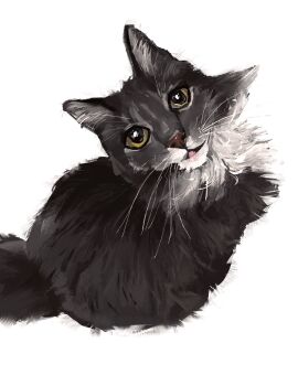 animal cat full_body highres junbuug looking_at_viewer on_ground open_mouth original painterly simple_background sitting tongue tongue_out tuxedo_cat whiskers white_background yellow_eyes