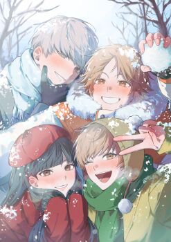 Rule 34 | 2boys, 2girls, absurdres, amagi yukiko, bare tree, black gloves, black hair, blue scarf, blush, brown eyes, brown hair, coat, fur-trimmed coat, fur trim, gloves, green coat, green scarf, grey coat, grey hair, grin, hanamura yousuke, hand up, hat, highres, holding, holding snowball, long hair, looking at viewer, mnce o, multiple boys, multiple girls, narukami yu, open mouth, outdoors, parted lips, persona, persona 4, pom pom (clothes), red coat, red hat, satonaka chie, scarf, short hair, smile, snow, snowball, tree, upper body, v, white coat, winter clothes