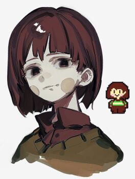 1other aliasing bags_under_eyes black_eyes bob_cut bright_pupils brown_hair brown_shirt chara_(undertale) choppy_bangs circle_facial_mark closed_mouth collared_shirt commentary_request cropped_shoulders facial_mark green_sweater grey_background hair_behind_ear hair_between_eyes light_smile looking_at_viewer official_art_inset other_focus red_pupils shirt short_hair simple_background solo sweater takenaka_(takenaka1111) undertale utdr_(toby_fox)
