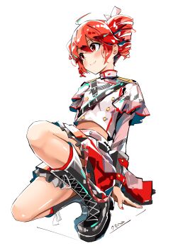 Rule 34 | absurdres, ahoge, belt, black belt, black boots, black skirt, blush, boots, bow, buttons, closed mouth, double-breasted, drill hair, fingernails, flat chest, grey jacket, grey skirt, hair between eyes, hair bow, hair ribbon, highres, jacket, kasane teto, kasane teto (sv), kneehighs, lace-up boots, layered skirt, layered sleeves, long sleeves, midriff peek, mp777b, musical staff, red eyes, red nails, red skirt, red socks, red trim, ribbon, shoulder belt, shoulder boards, simple background, skirt, smile, socks, squatting, striped clothes, striped jacket, synthesizer v, twin drills, utau, white background, white bow, white ribbon