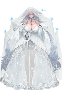 1girl absurdly_long_hair absurdres alternate_costume animal_ears artist_name azur_lane bare_shoulders blue_butterfly blue_eyes bow breasts bridal_veil bride bug butterfly choker cleavage closed_mouth dark-skinned_female dark_skin dishwasher1910 double-parted_bangs dress empire_waist facing_viewer floppy_ears fox_ears fox_girl full_body garter_straps gown grey_hair halter_dress halterneck hands_up highres insect large_breasts layered_dress long_hair long_sleeves long_veil looking_at_viewer looking_to_the_side mandarin_collar no_tail parted_lips see-through_clothes see-through_dress see-through_veil shawl shinano_(azur_lane) sideboob simple_background smile solo standing tan translucent veil very_long_hair w_arms waist_bow wedding_dress white_background white_bow white_choker white_garter_straps white_shawl