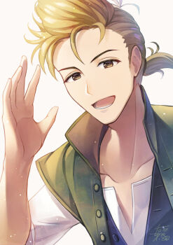 1boy :d alfyn_greengrass blonde_hair brown_eyes collarbone commentary_request green_vest hand_up highres looking_at_viewer male_focus octopath_traveler octopath_traveler_i open_mouth ponytail shirt short_hair short_ponytail sleeves_rolled_up smile solo spiked_hair tarayuki upper_body vest white_background white_shirt