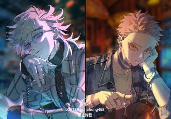 2boys akaza_(kimetsu_no_yaiba) arm_tattoo artist_name black_shirt blue_jacket blurry blurry_background chain chong458 colored_eyelashes contemporary cuffs denim denim_jacket douma_(kimetsu_no_yaiba) ear_piercing earrings elbow_on_table eyelashes flipped_hair forked_eyebrows glasses green_eyes hair_between_eyes hand_on_own_cheek hand_on_own_face handcuffs head_rest highres jacket jewelry key kimetsu_no_yaiba long_sleeves looking_at_viewer male_focus medium_hair multicolored_eyes multiple_boys neck_tattoo necklace orange_eyes pendant piercing pink-tinted_eyewear pink_hair plaid_clothes plaid_jacket rainbow_eyes ring shared_handcuffs shirt short_hair sleeves_rolled_up split_screen t-shirt tattoo text_in_eyes tight_clothes tight_shirt tinted_eyewear turtleneck upper_body white_hair yaoi