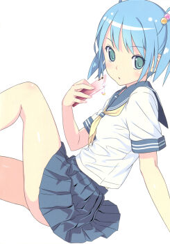 1girl absurdres arm_support blue_eyes blue_hair blue_skirt blush breasts cellphone female_focus fingernails hair_bobbles hair_ornament highres holding koutaro looking_at_viewer original parted_lips phone pleated_skirt scan school_uniform shiny_skin short_hair short_sleeves short_twintails simple_background skirt small_breasts solo thighs twintails white_background