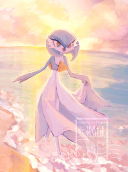 1girl absurdres alternate_color artist_name backlighting beach blue_hair blue_skin bob_cut cloud colored_skin female_focus flat_chest full_body gardevoir gen_3_pokemon hair_between_eyes hand_up happy highres horizon lifting_own_clothes looking_down multicolored_skin nintendo ocean open_mouth orange_eyes orange_sky outdoors pokemon pokemon_(creature) shiny_pokemon short_hair sky smile solo standing sunset twitter_username two-tone_skin walking water watermark white_skin yuhata_(yuh4t4)