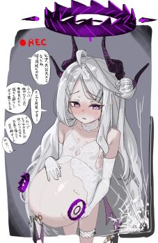 1girl ahoge babydoll black_halo black_horns blue_archive blush breasts cracked_screen demon_girl demon_horns demon_wings elbow_gloves flat_chest forehead gloves grey_background hair_ornament hairclip halo hina_(blue_archive) horns loli long_hair low_wings multiple_horns navel_piercing parted_bangs piercing pregnancy_halo pregnant purple_eyes purple_wings recording samesann simple_background small_breasts solo speech_bubble thighhighs translation_request very_long_hair white_babydoll white_background white_gloves white_hair white_thighhighs wings