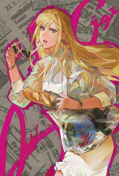 1girl bag baguette blonde_hair blue_eyes bracelet bread character_name commentary_request earrings floating_hair food formal_clothes gigi_andalusia globe gundam gundam:_hathaway's_flash hebi86070749 highres holding holding_removed_eyewear jewelry long_hair long_sidelocks long_sleeves looking_at_viewer paper_bag parted_bangs parted_lips pencil_skirt shoulder_bag sidelocks skirt solo suit sunglasses transparent_bag unworn_eyewear upper_body white_skirt white_suit
