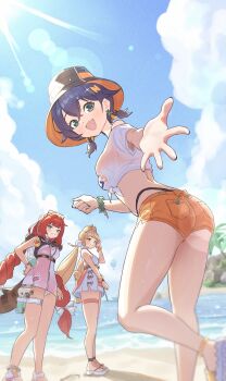 3girls absurdres alice_thymefield alice_thymefield_(sea_of_thyme) ass beach belle_(summer_skies)_(zenless_zone_zero) belle_(zenless_zone_zero) bikini bikini_under_clothes black_hat blonde_hair blue_hair blue_sky bucket_hat commentary_request dress earrings gimi_00 green_eyes grin hair_ornament hand_on_own_hip hat highres jewelry lens_flare letter_hair_ornament long_hair midriff multiple_girls official_alternate_costume open_mouth orange_bikini orange_shorts outstretched_arm pink_dress raccoon_tail reaching reaching_towards_viewer red_hair sandals see-through_clothes see-through_shirt shirt short_hair short_shorts short_twintails shorts sky smile swimsuit tail tied_shirt twintails ukinami_yuzuha ukinami_yuzuha_(tanuki_in_broad_daylight) very_long_hair white_dress white_shirt zenless_zone_zero