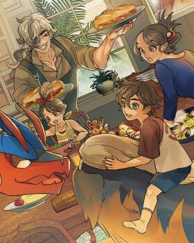 2boys 2girls :o apron arven_(pokemon) blue_eyes blue_shirt blue_shorts bow bowtie bread closed_eyes collarbone collared_shirt colored_skin commentary_request dog dutch_angle eyelashes family florian_(pokemon) food fork gimmighoul gimmighoul_(roaming) green_shirt grey_hair hair_between_eyes hair_over_one_eye highres holding holding_fork holding_plate indoors juliana_(pokemon) koraidon leaf lettuce long_hair mabosstiff multiple_boys multiple_girls mussel nintendo open_mouth orange_skin paldea_mother parted_bangs pawmi plant plate pokemon pokemon_(creature) pokemon_sv ponytail potted_plant red_bow red_bowtie red_shirt red_skin riding riding_pokemon salad sandwich sharp_teeth shirt shorts socks solid_circle_eyes stb81370884 submarine_sandwich swept_bangs table teeth tomato two-tone_shirt upper_teeth_only white_shirt white_socks window