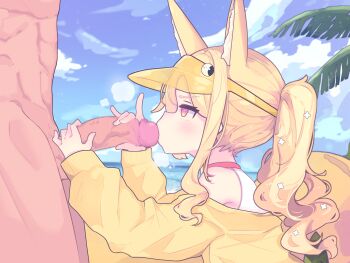 1boy 1girl animal_ears blonde_hair blue_archive clothed_female_nude_male fellatio fox_ears hetero highres nude official_alternate_costume oral outdoors penis ponytail seia_(blue_archive) seia_(swimsuit)_(blue_archive) tennsai12345 visor_cap