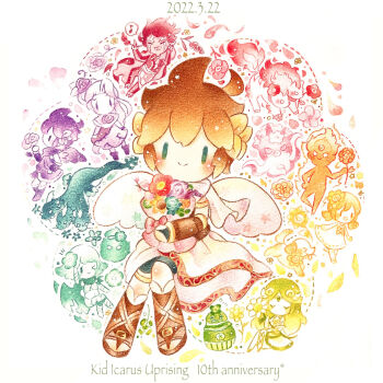 4boys bouquet brown_hair character_request colored_pencil_(medium) commentary_request copyright_name dark_pit dated dog_(kid_icarus) flower girl_(kid_icarus) hades_(kid_icarus) hewdraw highres holding holding_bouquet kid_icarus kid_icarus_uprising multiple_boys nintendo painting_(medium) palutena phosphora pit_(kid_icarus) solo_focus thanatos_(kid_icarus) traditional_media tunic viridi watercolor_(medium) white_tunic white_wings wings yukichi_0611