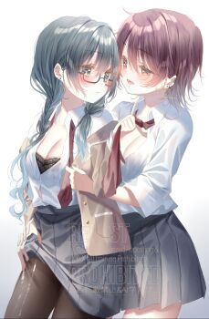 2girls absurdres black_bra black_pantyhose blue_hair blush bra breasts brown_jacket cleavage closed_mouth clothes_grab commentary_request ear_piercing earclip earrings grey_skirt hair_between_eyes highres jacket jewelry long_hair low_twintails medium_breasts multiple_girls necktie necktie_grab neckwear_grab open_mouth orange_eyes original pantyhose piercing pleated_skirt red_hair red_necktie school_uniform shirt skirt torn_clothes torn_pantyhose touki_matsuri twintails underwear undressing_another white_shirt yuri