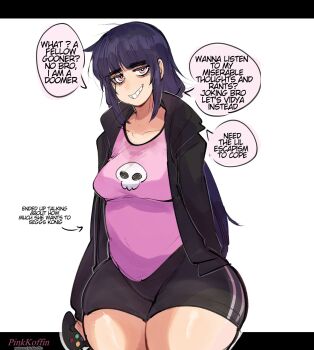 1girl artist_name artist_self-insert bike_shorts black_hair black_hoodie black_shorts breasts controller english_text game_controller grin highres holding holding_controller holding_game_controller hood hoodie long_hair looking_at_viewer medium_breasts open_clothes open_hoodie original pink_eyes pink_shirt pinkkoffin pinkkoffin_(character) print_shirt shirt short_shorts shorts skull_print smile solo speech_bubble thick_thighs thighs watermark web_address wide_hips