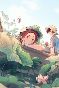 2boys absurdres axis_powers_hetalia back black_eyes black_hair blue_shirt blue_sky blunt_ends brown_eyes brown_hair china_(hetalia) closed_mouth cloud cloudy_sky commentary_request cup day flower from_behind hand_up hat highres holding holding_cup japan_(hetalia) leaf leaf_hat long_hair looking_at_viewer looking_back multiple_boys pink_flower plant ponytail shirt short_hair short_sleeves sidelocks sitting sky smile tea_(candyfoxx) teeth water white_shirt yellow_hat yunomi