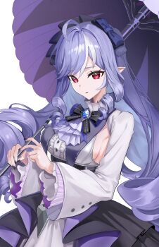 1girl absurdres ahoge black_nails breasts commentary dress drill_hair highres holding holding_umbrella jyn_jyn long_hair medium_breasts mole mole_under_eye pointy_ears purple_hair red_eyes sideboob simple_background solo umbrella upper_body very_long_hair vivian_banshee white_background white_dress zenless_zone_zero