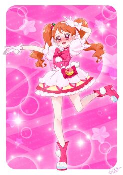 1girl :d arm_up artist_name blush boots border bow chest_bow choker closed_mouth commentary commission cosplay cure_whip cure_whip_(cosplay) dress earrings embarrassed food food-themed_hair_ornament frilled_dress frills fruit fruit_brooch full_body furrowed_brow gloves hair_ornament highres jewelry kirakira_precure_a_la_mode leg_up long_hair looking_at_viewer magical_girl open_mouth orange_hair outstretched_arm outstretched_hand pact_holder paw_shoes pink_background pink_boots pink_bow pink_choker pink_dress pink_eyes pink_theme pom_pom_(clothes) pom_pom_earrings pom_pom_footwear pota0606119 pouch precure puffy_short_sleeves puffy_sleeves rabbit_tail self_cosplay short_sleeves signature skeb_commission smile solo standing standing_on_one_leg star_(symbol) star_symbol_background strawberry strawberry_brooch strawberry_hair_ornament tail twintails usami_ichika w white_border white_gloves
