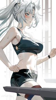 1girl absurdres animal_ear_fluff animal_ear_piercing animal_ears architecture bare_shoulders blue_eyes blue_shorts blue_sports_bra bracelet breasts chinese_commentary commentary_request cowboy_shot east_asian_architecture exercising eyeliner feixiao_(fitness)_(honkai:_star_rail) feixiao_(honkai:_star_rail) forehead_jewel fox_ears fox_girl hair_intakes highres honkai:_star_rail honkai_(series) indoors jewelry large_breasts light_blush long_hair looking_ahead makeup midriff nanjo_maya navel parted_bangs parted_lips partial_commentary red_eyeliner running shorts solo sports_bra stomach sweat thigh_strap treadmill white_hair