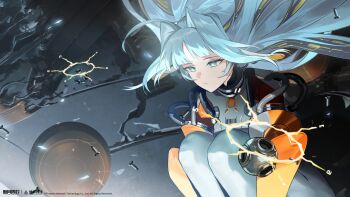 1girl absurdres blue_eyes blue_hair bodysuit closed_mouth copyright_name copyright_notice feet_out_of_frame floating_hair hair_floating_upwards hair_intakes highres knees_up logo long_hair mechanical_ears official_art official_wallpaper science_fiction shuguang_(xinyue_tongxing) solo white_bodysuit xinyue_tongxing