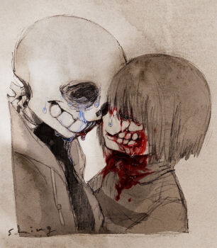 2others anminshing black_shirt bleeding blood blood_from_mouth blood_on_clothes blood_on_face bloody_tears brown_coat brown_hair brown_sweater closed_eyes coat commentary_request crying crying_with_eyes_open deep_wound empty_eyes exposed_bone facing_another frisk_(undertale) guro heads_together injury leaning_on_person looking_at_another multiple_others open_clothes open_coat sans_(undertale) shirt skeleton sweater tears undertale upper_body utdr_(toby_fox)