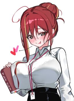 1girl absurdres ahoge akane_lize arm_at_side blush book bra_visible_through_clothes breast_press breasts button_gap closed_mouth collared_shirt dated_commentary grey_eyes hair_bun hair_intakes hand_up heart highres holding holding_book huge_breasts lanyard licking_lips long_sidelocks long_sleeves looking_at_viewer mole mole_under_eye multicolored_hair office_lady red_hair red_pupils seductive_smile shirt sidelocks simple_background single_hair_bun slit_pupils smile solo stellive streaked_hair tongue tongue_out upper_body variant_set virtual_youtuber white_background white_shirt wing_collar yeomhwauranyum
