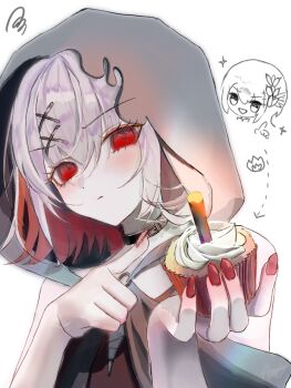 1girl amedama_ameme candle chibi chibi_inset closed_mouth colored_inner_hair commentary_request cupcake empty_eyes fire food grey_hair hair_ornament hands_up happy_birthday hasumi_leia holding holding_food hood hood_up looking_at_viewer mahou_shoujo_no_majo_saiban multicolored_hair nikaido_hiro pyrokinesis red_eyes sakuraba_ema shito_alisa short_hair solo tono_hanna transparent_background upper_body x_hair_ornament