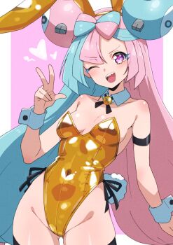 1girl ;d alternate_costume animal_ears aqua_hair bare_shoulders black_thighhighs bow-shaped_hair breasts character_hair_ornament cleavage commentary_request covered_navel fake_animal_ears fake_tail gold_leotard hair_ornament heart highres iono_(pokemon) kamidan leotard long_hair looking_at_viewer medium_breasts multicolored_hair nintendo one_eye_closed open_mouth pink_background pink_hair playboy_bunny pokemon pokemon_scarlet_and_violet purple_eyes rabbit_ears rabbit_tail sharp_teeth smile solo split-color_hair tail teeth thighhighs thighs two-tone_background two-tone_hair upper_teeth_only v very_long_hair white_background