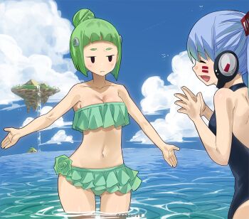 2girls blue_hair blue_one-piece_swimsuit blush cloud eden&#039;s_zero female_focus floating_island gaston18 green_hair green_one-piece_swimsuit hermit_mio highres kleene_(eden&#039;s_zero) mashima_hiro multiple_girls ocean one-piece_swimsuit poker_face short_hair sky smile swimsuit water
