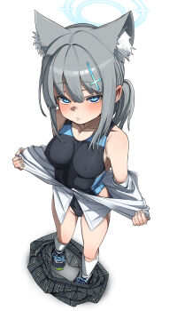 1girl animal_ear_fluff animal_ears black_one-piece_swimsuit black_shoes blue_archive blue_eyes blue_halo breasts closed_mouth collarbone commentary competition_swimsuit covered_erect_nipples cross_hair_ornament fu-ta hair_ornament halo highres looking_at_viewer medium_breasts official_alternate_costume one-piece_swimsuit shiroko_(blue_archive) shiroko_(swimsuit)_(blue_archive) shirt shoes simple_background skirt socks solo standing swimsuit unworn_skirt white_background white_shirt white_socks