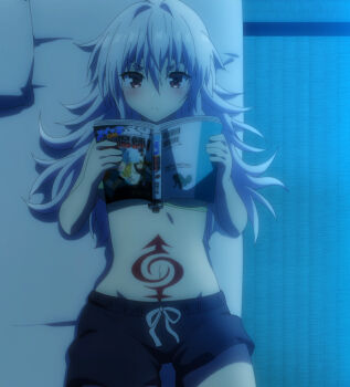 Rule 34 | 1girl, anime screenshot, ayakashi triangle, black shorts, book, closed mouth, frown, futon, genderswap, genderswap (mtf), hair between eyes, hip bones, holding, holding book, kazamaki matsuri, kazamaki matsuri (female), long hair, lying, medium shot, messy hair, navel, on back, reading manga, red eyes, shorts, solo, sports bra, stitched, stomach tattoo, tatami, tattoo, third-party edit, white hair