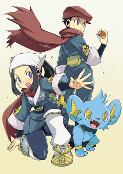 &gt;:( 1boy 1girl absurdres akari_(pokemon) black_hair black_sash blue_eyes blue_jacket blue_pantyhose eyelashes fanny_pack flat_cap galaxy_expedition_team_survey_corps_uniform gen_4_pokemon hat headscarf highres hisuian_poke_ball holding holding_poke_ball jacket long_hair loose_socks muramasa_mikado nintendo on_one_knee open_mouth outstretched_arm pantyhose pink_eyes poke_ball pokemon pokemon_(creature) pokemon_legends:_arceus ponytail red_headwear red_scarf rei_(pokemon) sash scarf shinx shoes short_hair socks standing v-shaped_eyebrows white_headscarf white_headwear white_socks yellow_shoes