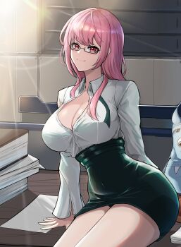1girl absurdres black_skirt breasts cleavage commentary_request desk drimm glasses highres indoors korean_commentary large_breasts long_hair on_desk paper_stack pink_eyes pink_hair shirt sitting skirt smile solo tsukishiro_yanagi very_long_hair white_shirt zenless_zone_zero