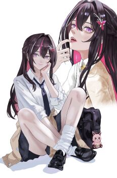 1girl absurdres alternate_costume azki_(4th_costume)_(hololive) azki_(hololive) black_necktie black_skirt braid brown_jacket clothes_around_waist collared_shirt colored_inner_hair commentary crossed_ankles dhbwinner fangs flower_hairpin half-jacket half_up_braid hand_on_own_cheek hand_on_own_face hashtag-only_commentary highres hololive jacket long_hair looking_at_viewer multicolored_hair necktie open_mouth pink_hair plaid_clothes plaid_skirt pleated_skirt purple_eyes purple_hair school_uniform shirt simple_background sitting skirt sleeves_rolled_up sweater sweater_around_waist virtual_youtuber white_background white_shirt