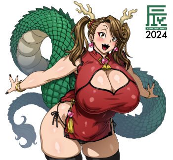 2024 absurdres black_nails black_thighhighs bracelet breasts brown_eyes brown_hair china_dress chinese_clothes chinese_zodiac cleavage cleavage_cutout clothing_cutout cropped_legs dragon_girl dragon_horns dragon_tail dress earrings eyeliner gundam gundam_build_fighters gundam_build_fighters_try highres horns huge_breasts jewelry jun_(rojiura_jack) leaning_forward makeup nail_polish open_mouth panties red_dress red_eyeliner sazaki_kaoruko scales sharp_teeth short_dress side-tie_panties simple_background smile sphere_earrings standing tail teeth thick_thighs thighhighs thighs twintails underwear yellow_horns