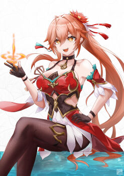 1girl :d absurdres bare_shoulders black_gloves black_pantyhose breasts commentary_request detached_sleeves dress feet_out_of_frame gloves guinaifen_(honkai:_star_rail) hand_on_own_hip hand_up highres honkai:_star_rail honkai_(series) large_breasts long_hair open_clothes open_mouth orange_hair pantyhose ponytail red_dress short_sleeves sitting smile solo thighs tongyu very_long_hair yellow_eyes