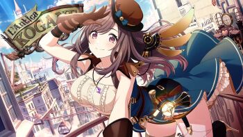 Rule 34 | 1girl, armpit crease, asymmetrical legwear, belt, belt pouch, blue skirt, blush, breasts, brown gloves, brown hair, brown hat, character name, city, cleavage, cowboy shot, day, english text, frilled skirt, frilled tube top, frills, game cg, garter straps, gloves, halterneck, hat, high-waist skirt, high heels, holster, idolmaster, idolmaster shiny colors, jewelry, jumping, large breasts, lens flare, long hair, looking at viewer, mechanical wings, mini hat, necklace, official art, outdoors, pink eyes, pouch, reaching, reaching towards viewer, salute, sidelocks, skirt, smile, solo, strapless, thighhighs, tube top, underboob, wings