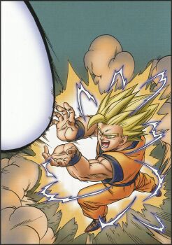 1boy absurdres aqua_background aura blonde_hair crackling_energy dougi dragon_ball dragonball_z dust dust_cloud energy_blast from_above green_eyes highres kamehameha_(dragon_ball) looking_up male_focus motion_lines muscular muscular_male nakatsuru_katsuyoshi official_art orange_dougi scan single_bang solo son_goku super_saiyan super_saiyan_2 third-party_source