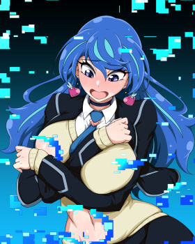 1girl 8-bit :o alternate_breast_size alternate_costume alternate_hairstyle blazer blue_angel_(yu-gi-oh!) blue_background blue_eyes blue_hair breasts cardigan choker covered_collarbone earrings embarrassed heart heart_earrings highres jacket jewelry led_(pixiv190491) long_hair multicolored_hair school_uniform skirt solo standing yu-gi-oh! yu-gi-oh!_vrains zaizen_aoi