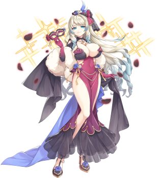 Rule 34 | 1girl, artist request, bare hips, bare legs, blonde hair, blue eyes, breasts, cleavage, covered navel, dress, flower, footwear flower, full body, game cg, hat, hat feather, highres, holding, holding mask, legend clover, long sleeves, looking at viewer, mask, masquerade mask, nero (legend clover), official alternate costume, official art, solo, third-party source, transparent background