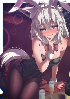 1girl absent ahoge alcohol animal_ear_fluff animal_ear_hairband animal_ears arm_support bare_arms bare_shoulders black_leotard black_tail blush bow bowtie braid breasts champagne champagne_flute collar commentary_request covered_navel cowboy_shot crossed_bangs cup detached_collar drinking_glass fake_animal_ears finger_to_own_chin fox_ears fox_girl fox_tail gradient_tail green_eyes hair_between_eyes hairband highleg highleg_leotard highres hololive indoors leotard long_hair looking_at_viewer medium_breasts nose_blush open_mouth pantyhose playboy_bunny rabbit_ear_hairband rabbit_ears red_bow red_bowtie shirakami_fubuki side-tie_leotard side_braid sidelocks single_braid smile solo strapless strapless_leotard tail virtual_youtuber white_collar white_hair white_tail white_wrist_cuffs wrist_cuffs