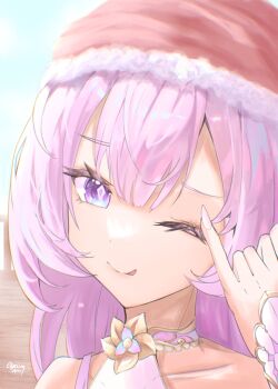 1girl ;p absurdres artist_name bare_shoulders commentary diamond-shaped_pupils diamond_(shape) elysia_(herrscher_of_human:_ego)_(honkai_impact) elysia_(honkai_impact) elysiumnacht english_commentary hat highres honkai_(series) honkai_impact_3rd licking_lips long_hair looking_at_viewer one_eye_closed pink_hair portrait purple_eyes red_hat santa_hat solo symbol-shaped_pupils tongue tongue_out very_long_hair