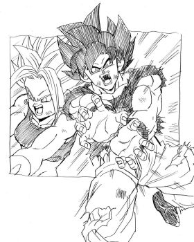 battle_damage dragon_ball dragon_ball_super greyscale highres jewelry kamehameha_(dragon_ball) kefla_(dragon_ball) lineart looking_at_viewer looking_to_the_side monochrome muscular open_mouth shouting simple_background son_goku spiked_hair super_saiyan torn_clothes tournament_of_power ultra_instinct young_jijii