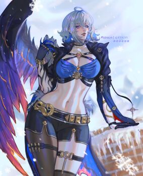 Rule 34 | 1girl, absurdres, ahoge, alicekeiyart, black gloves, black pantyhose, black shorts, black thighhighs, black wings, blue bra, bra, breasts, closed mouth, commentary, feathered wings, galbrena (wuthering waves), gloves, grey hair, hair between eyes, hair intakes, highres, large breasts, medium hair, navel, pantyhose, purple eyes, shorts, sidelocks, single glove, single leg pantyhose, single thighhigh, single wing, solo, stomach, thighhighs, underwear, wings, wuthering waves