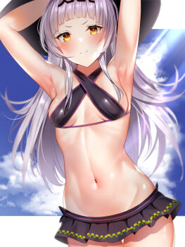 >:) 1girl armpits arms_up bikini black_bikini black_hairband black_headwear black_skirt blue_sky blunt_bangs blush breasts closed_mouth cloud commentary_request cowboy_shot criss-cross_halter day groin hairband halterneck highres hololive light_rays long_hair microskirt murasaki_shion murasaki_shion_(hololive_summer_2019) navel official_alternate_costume orange_eyes outdoors outside_border pleated_skirt silver_hair skirt sky small_breasts smile smug solo stomach sunbeam sunlight swimsuit thigh_gap very_long_hair virtual_youtuber yuyu_(yuyuworks)