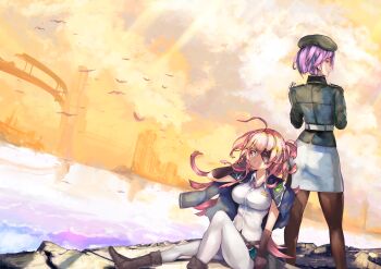 2girls ahoge asami_makiko_(heaven_burns_red) bird bridge commentary_request eyepatch hat heaven_burns_red highres long_hair military_hat military_uniform multiple_girls pantyhose purple_hair red_hair setsuka. tezuka_saki
