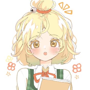 Rule 34 | 1girl, :o, animal crossing, bell, blonde hair, blush, collared shirt, colored eyelashes, green vest, holding, humanization, isabelle (animal crossing), jingle bell, looking at viewer, medium hair, nintendo, open mouth, portrait, red ribbon, ribbon, shirt, simple background, solo, topknot, vest, white background, white shirt, xiao bu san, yellow eyes