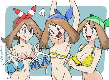 3girls ? armpit_hair armpit_peek armpits arms_up artist_name bandana berry_(pokemon) bikini bikini_top_only blue_bandana blue_bra blue_eyes blush bottomless bow_hairband bra breasts brown_hair bust_measuring changing_clothes chesto_berry cleavage closed_mouth clothes_hanger clothes_in_front collarbone completely_nude confused dressing fang fangs feet_out_of_frame female_focus fitting_room green_bandana groin hair_ribbon hairband highres holding holding_clothes_hanger holding_swimsuit holding_unworn_clothes large_breasts looking_down may_(pokemon) measuring multiple_girls multiple_persona multiple_views navel nintendo nude open_mouth oran_berry parted_bangs pecha_berry pokemon pokemon_(anime) pokemon_(creature) pokemon_adventures pokemon_emerald pokemon_oras pokemon_rse pokemon_rse_(anime) price_tag red_hairband red_ribbon ribbon selfcest short_hair sitrus_berry smile sooperman standing strapless strapless_bikini strapless_bra sweat sweatdrop swimsuit swimsuit_hanger tape_measure topless_female trying_on_clothes underwear unworn_bikini unworn_swimsuit upper_body yellow_bra