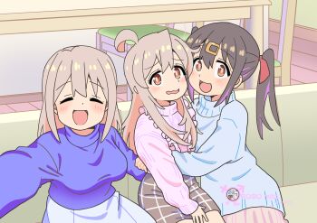 3girls :d absurdres ahoge artist_name black_hair blue_shirt blue_sweater closed_eyes commentary_request copyright_name couch grey_hair hair_between_eyes hair_ornament hair_ribbon hairclip highres hug indoors long_hair long_sleeves looking_at_viewer male-female_symbol mother_and_daughter multicolored_hair multiple_girls on_couch onii-chan_wa_oshimai! open_mouth oyama_mahiro oyama_matsuri oyama_mihari pink_hair pink_shirt purple_hair red_ribbon ribbon robomito selfie shirt siblings sisters sitting smile sweater table turtleneck turtleneck_sweater twintails two-tone_hair wavy_mouth