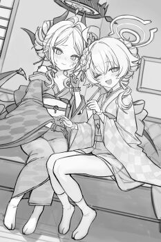 2girls :3 absurdres ahoge alternate_costume alternate_hairstyle blue_archive blush calligraphy_brush collarbone couch demon_girl demon_horns demon_wings dutch_angle fang flower forehead freng gloves greyscale hair_flower hair_intakes hair_ornament halo highres hina_(blue_archive) holding holding_calligraphy_brush holding_paintbrush horns hoshino_(blue_archive) indoors ink_on_face japanese_clothes kanzashi kimono lace lace-trimmed_gloves lace_trim long_sleeves looking_at_viewer monochrome multiple_girls obi obiage obijime off_shoulder one_eye_closed open_mouth paintbrush parted_bangs picture_frame sash short_kimono sitting sketch slit_pupils smile sweatdrop tabi wide_sleeves wings