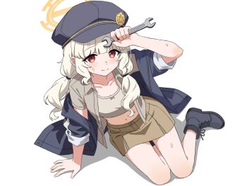 Rule 34 | 1girl, aoba (blue archive), arm up, blonde hair, blue archive, blue boots, blue hat, blue jacket, boots, bow camisole, breasts, brown camisole, brown shirt, brown skirt, camisole, collared shirt, commentary, from above, halo, hat, highres, holding tool, jacket, jacket partially removed, low twintails, midriff, navel, newsboy cap, open clothes, open shirt, orange halo, red eyes, shirt, sitting, skirt, small breasts, solo, sweat, twintails, yokozuwari, zq15850716285